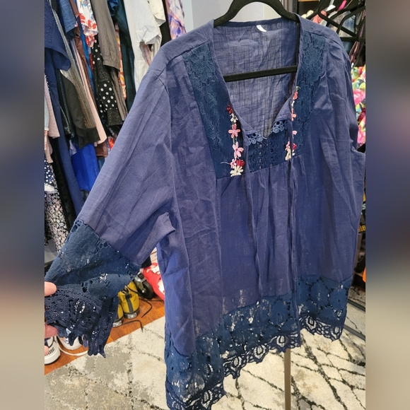 Tops - Navy Blue Embroidered Women's Top 26 Ptp